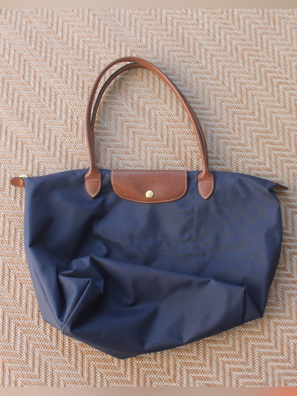 Longchamp Navy Tote with Brown Leather Trim and Handles